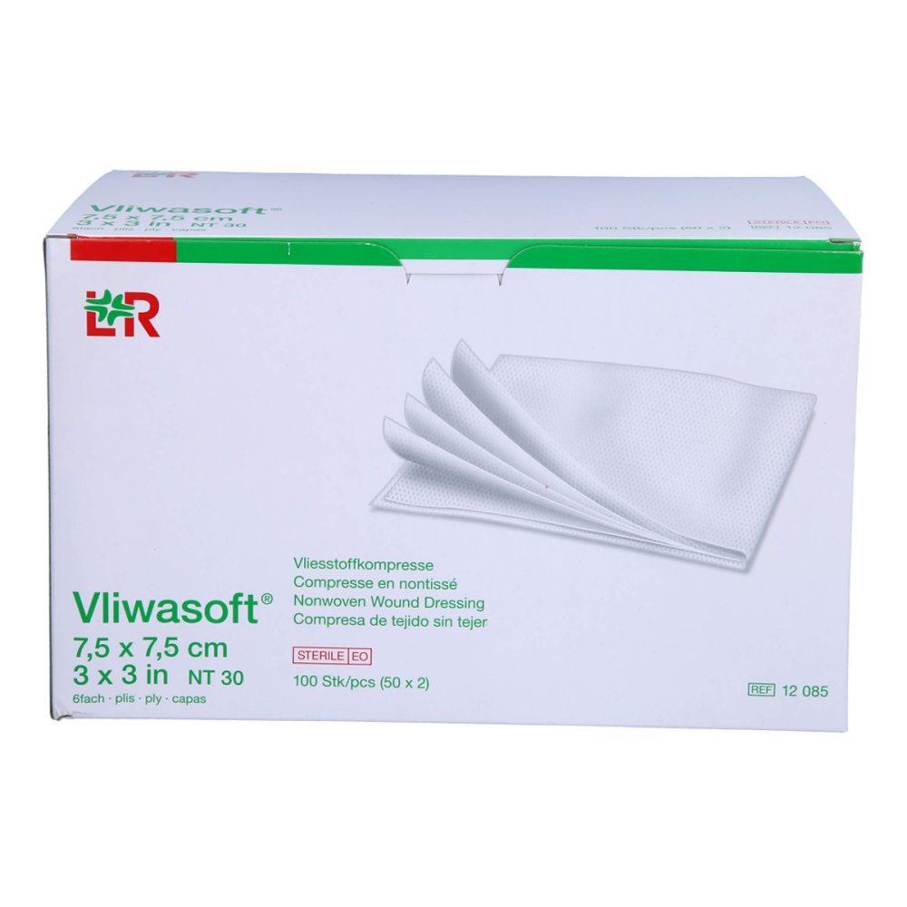 Das Produktfoto zeigt Vliwasoft Vlieskompressen Steril 7,5x7,5 Cm 6l. (50X2 stk) PZN 15431467