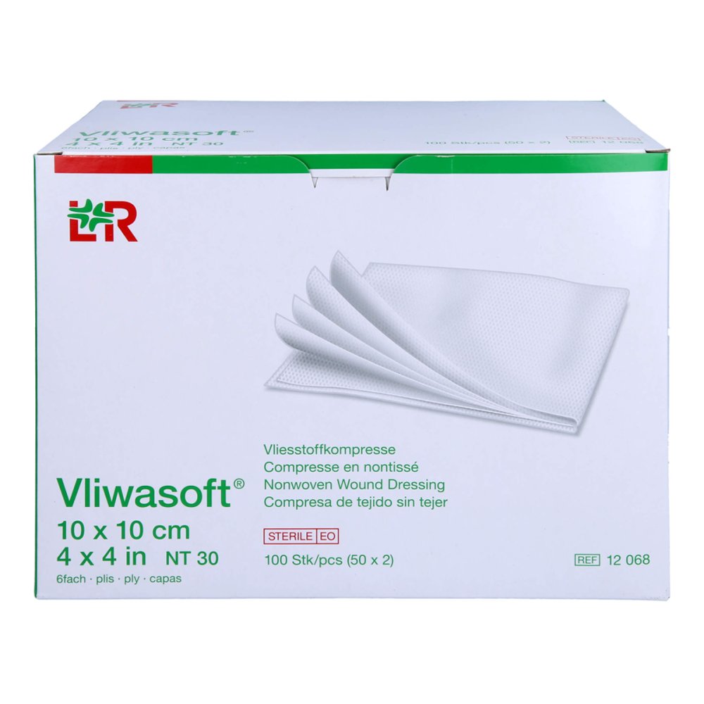 Das Produktfoto zeigt Vliwasoft Vlieskompressen Steril 10x10 Cm 6l. (50X2 stk) PZN 15431510