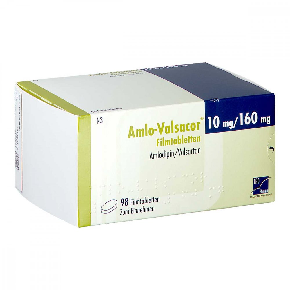Das Produktfoto zeigt Amlo-Valsacor 10 Mg/160 Mg Filmtabletten (98 stk) PZN 15610879