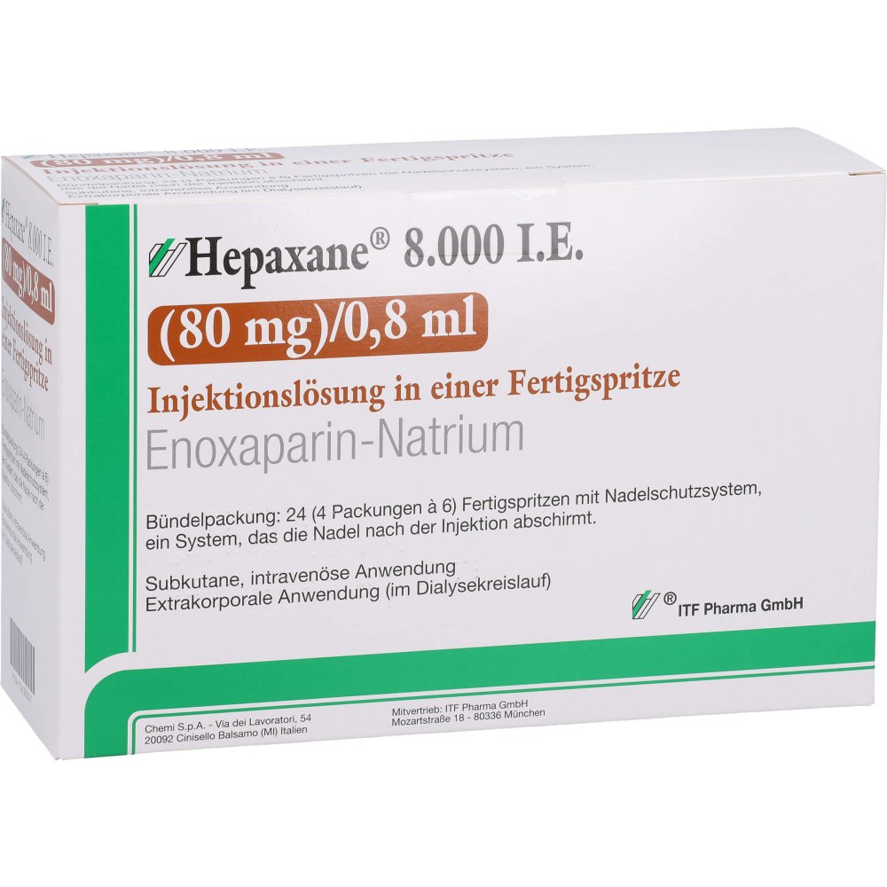 Das Produktfoto zeigt Hepaxane 8.000 I.E. 80 Mg/0,8 Ml Inj.-Lsg.I.E.Fs (24 stk) PZN 15638027