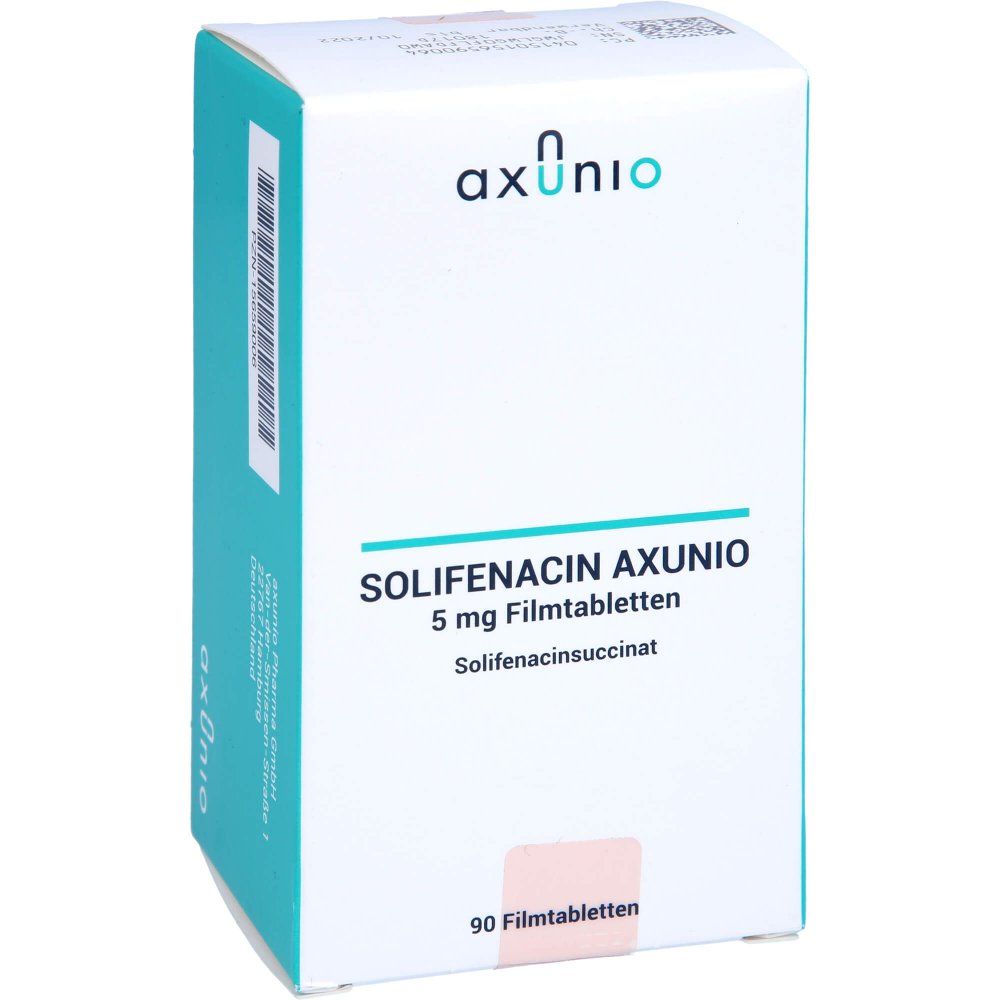 Das Produktfoto zeigt Solifenacin Axunio 5 Mg Filmtabletten (90 stk) PZN 15659006