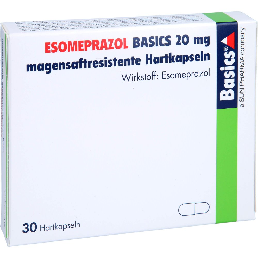 Das Produktfoto zeigt Esomeprazol Basics 20 Mg Magensaftres.Hartkapseln (30 stk) PZN 15744338