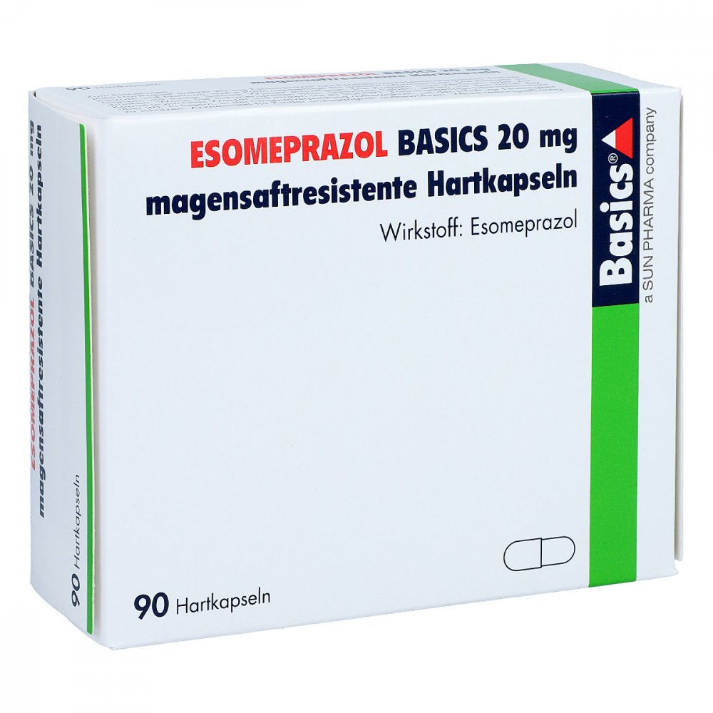 Das Produktfoto zeigt Esomeprazol Basics 20 Mg Magensaftres.Hartkapseln (90 stk) PZN 15744350