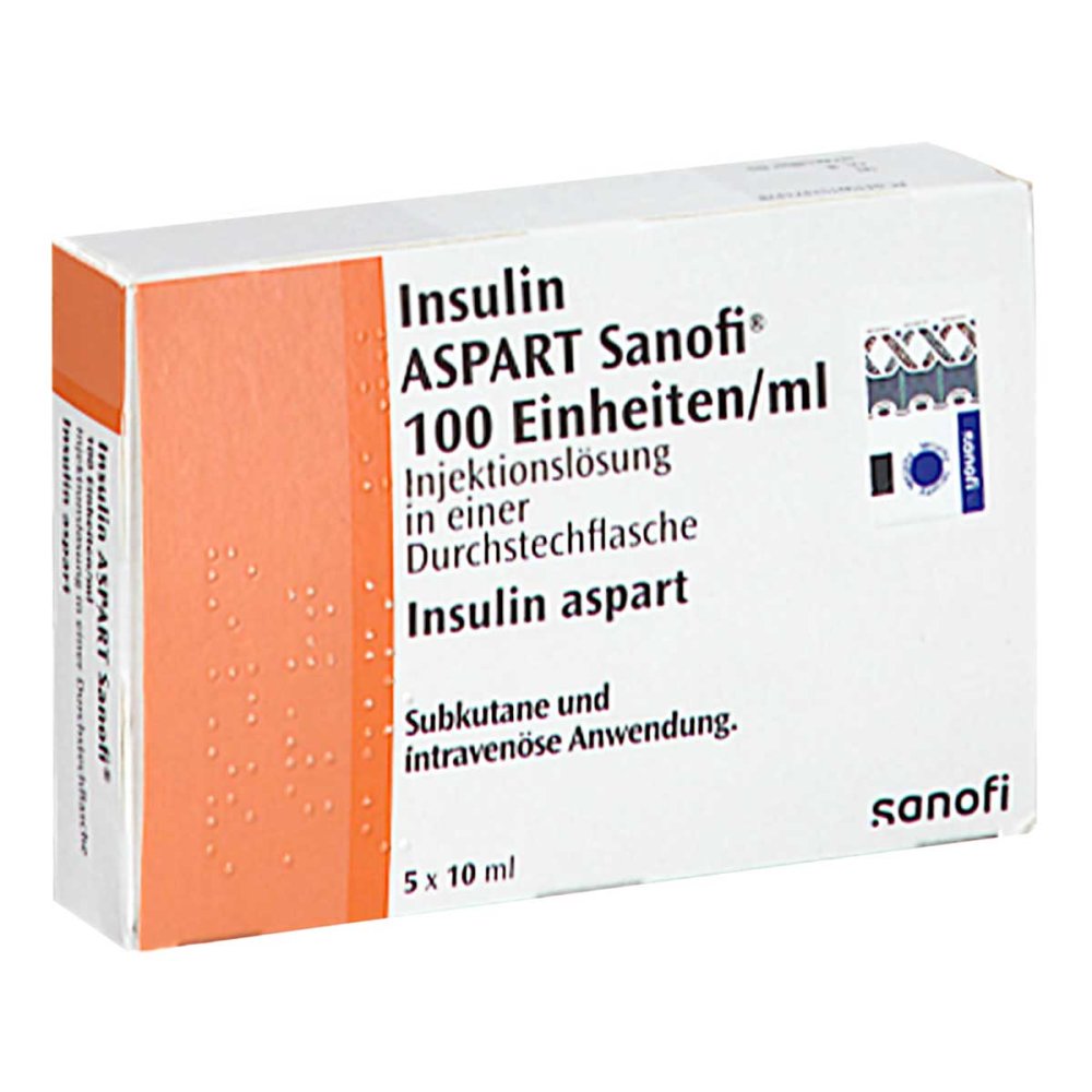 Das Produktfoto zeigt Insulin Aspart Sanofi 100 E/Ml Ilo I.E.Dsfl. (5X10 ml) PZN 15747147