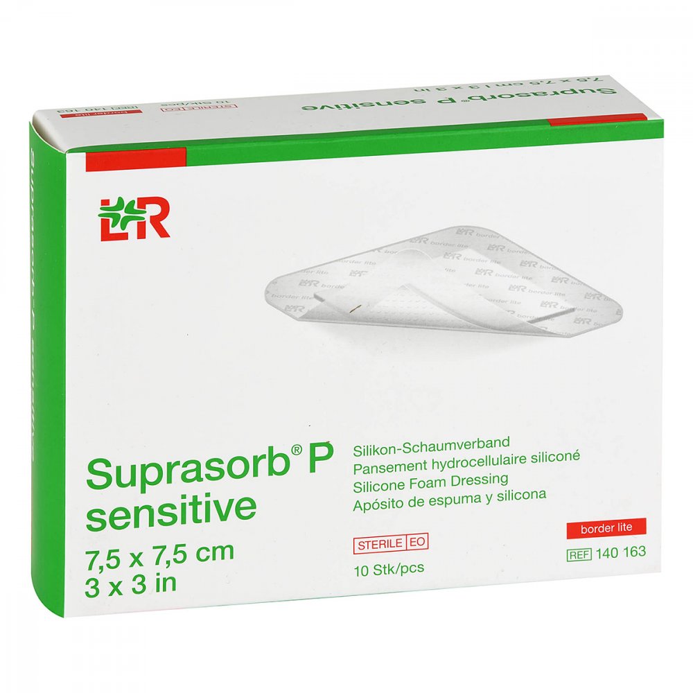Das Produktfoto zeigt Suprasorb P Sensitive Pu-Schaumv.Bor.Lite 7,5x7,5 (10 stk) PZN 15814671