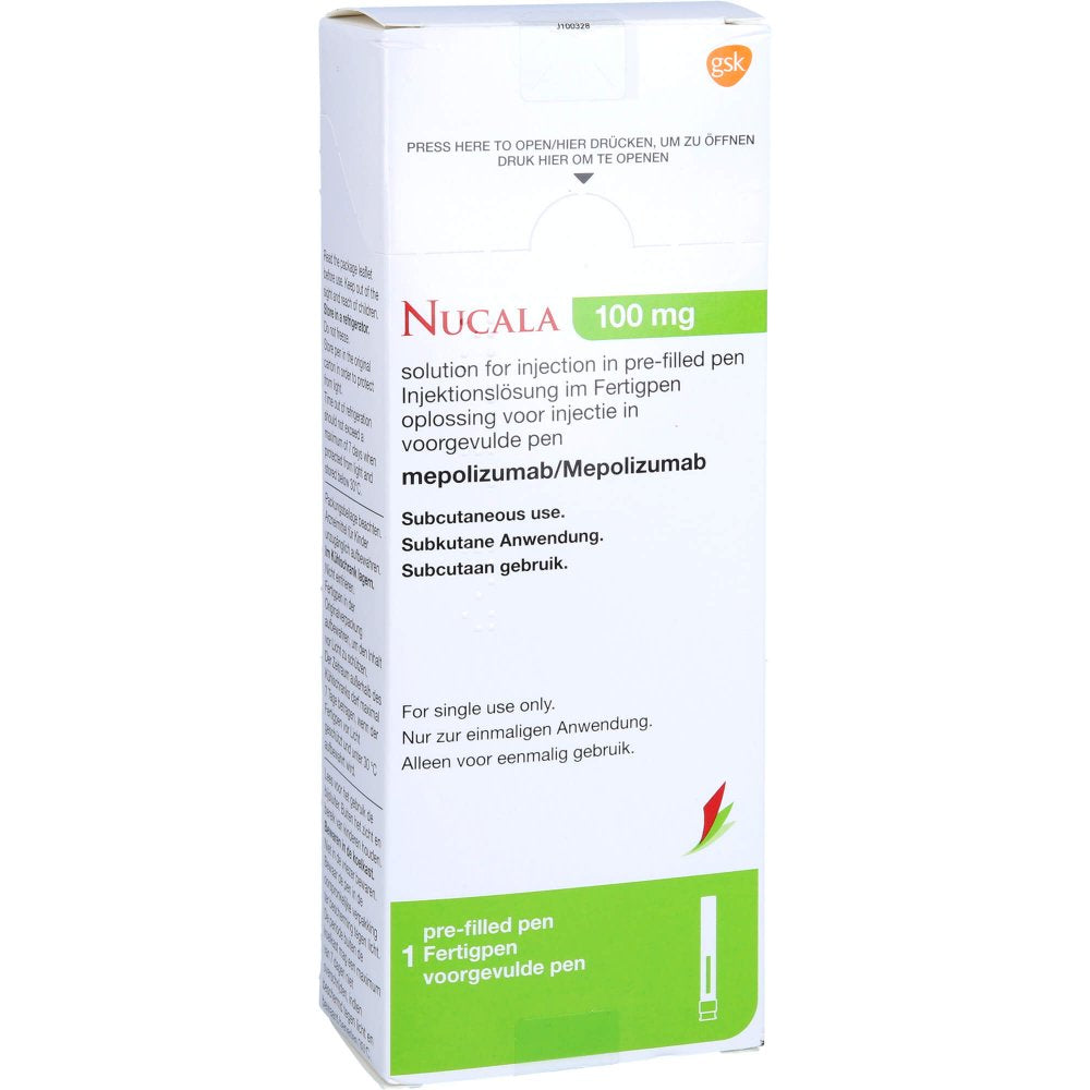 Das Produktfoto zeigt Nucala 100 Mg Injektionslösung Im Fertigpen (1X1 ml) PZN 15815831