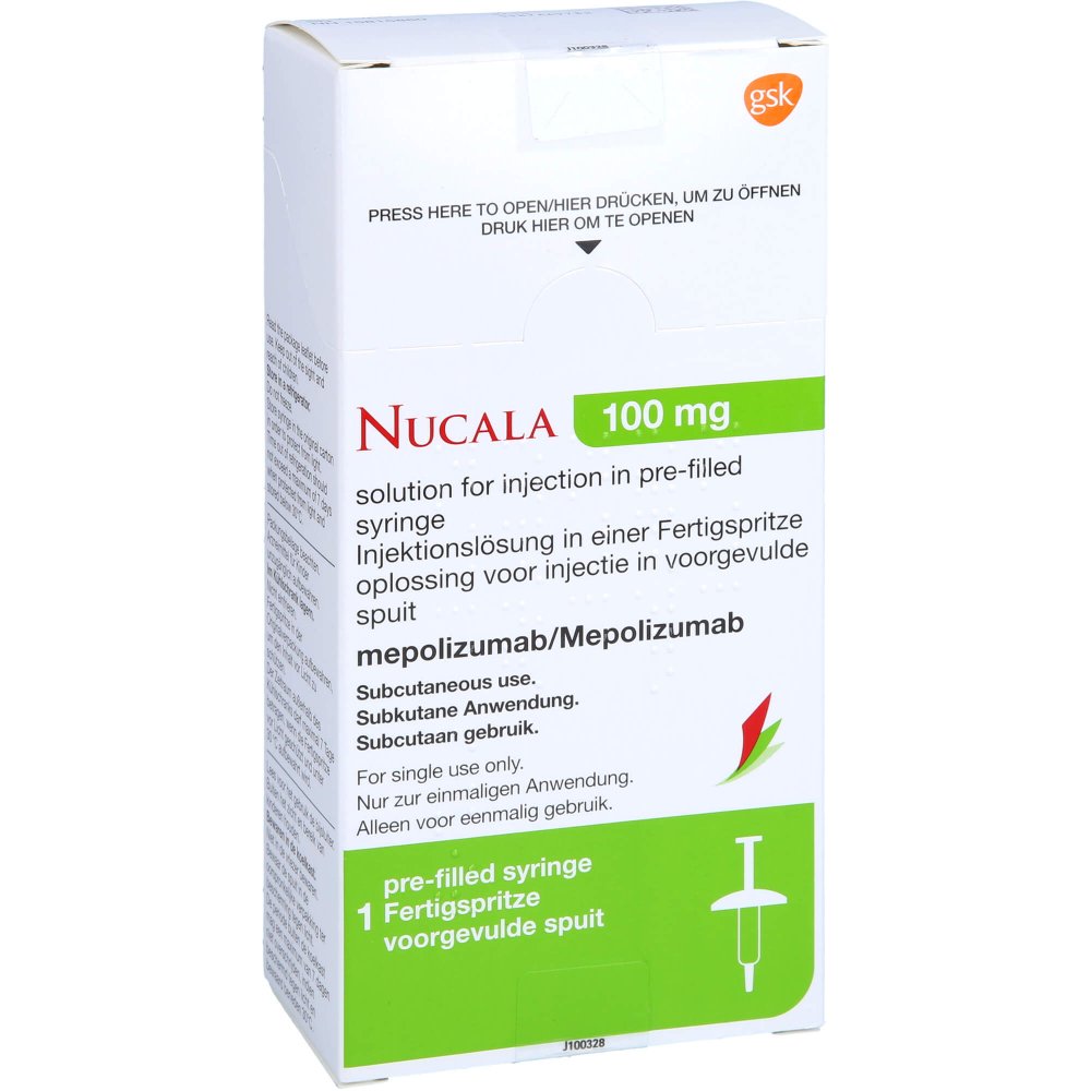 Das Produktfoto zeigt Nucala 100 Mg Injektionslösung I.E.Fertigspritze (1X1 ml) PZN 15815860