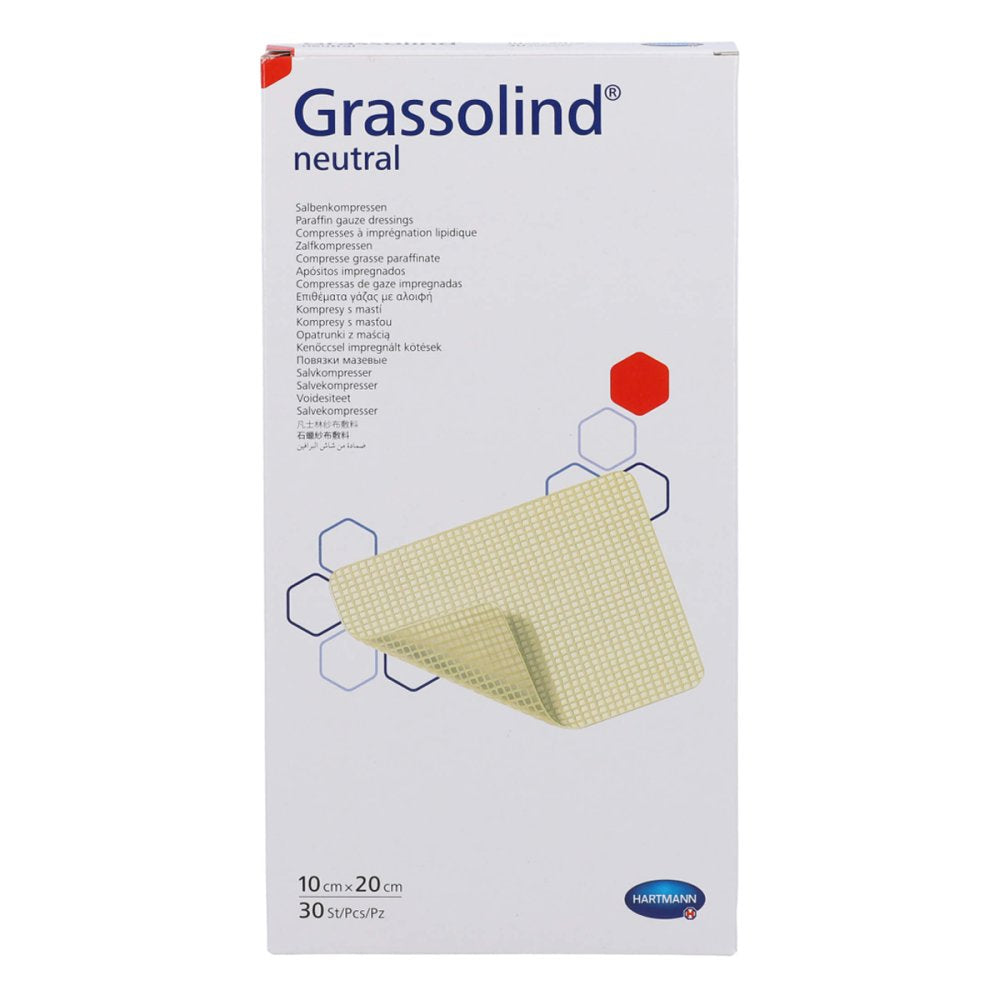Das Produktfoto zeigt Grassolind Salbenkompressen 10x20 Cm Steril (30 stk) PZN 15824089