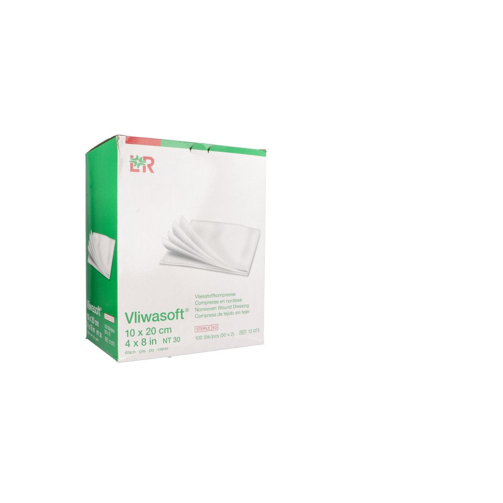 Das Produktfoto zeigt Vliwasoft Vlieskompressen Steril 10x20 Cm 6l. (50X2 stk) PZN 15824244