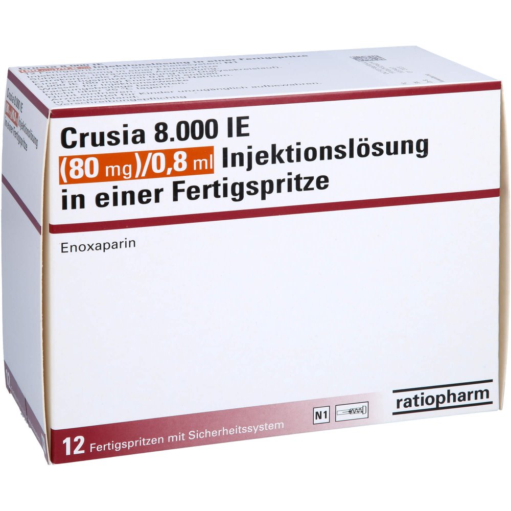 Das Produktfoto zeigt Crusia 8.000 I.E. 80 Mg/0,8 Ml Ilo F.Sp.+Sich-Sys. (12 stk) PZN 15861854