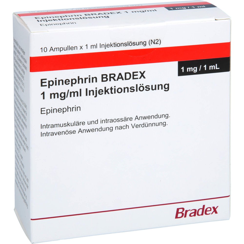Das Produktfoto zeigt Epinephrin Bradex 1 Mg/Ml Injektionslösung Amp. (10X1 ml) PZN 15880691