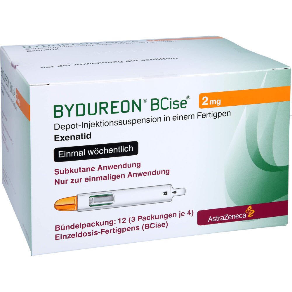 Das Produktfoto zeigt Bydureon 2 Mg Depot-Injekt.Sus.I.E.Fertigpen Bcise (3X4 stk) PZN 16015558
