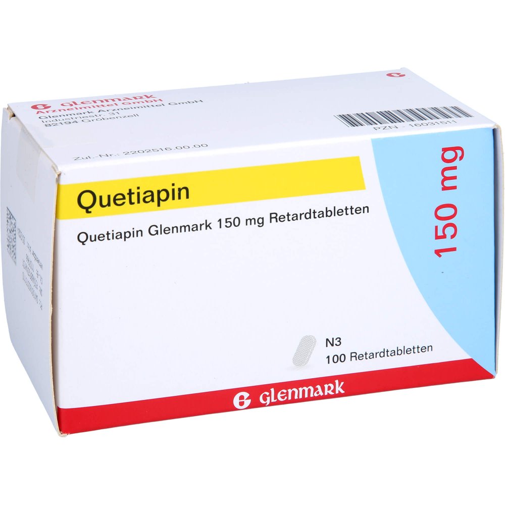 Das Produktfoto zeigt Quetiapin Glenmark 150 Mg Retardtabletten (100 stk) PZN 16031511