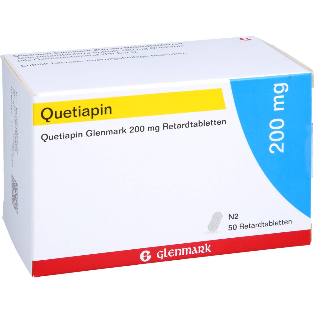 Das Produktfoto zeigt Quetiapin Glenmark 200 Mg Retardtabletten (50 stk) PZN 16031563