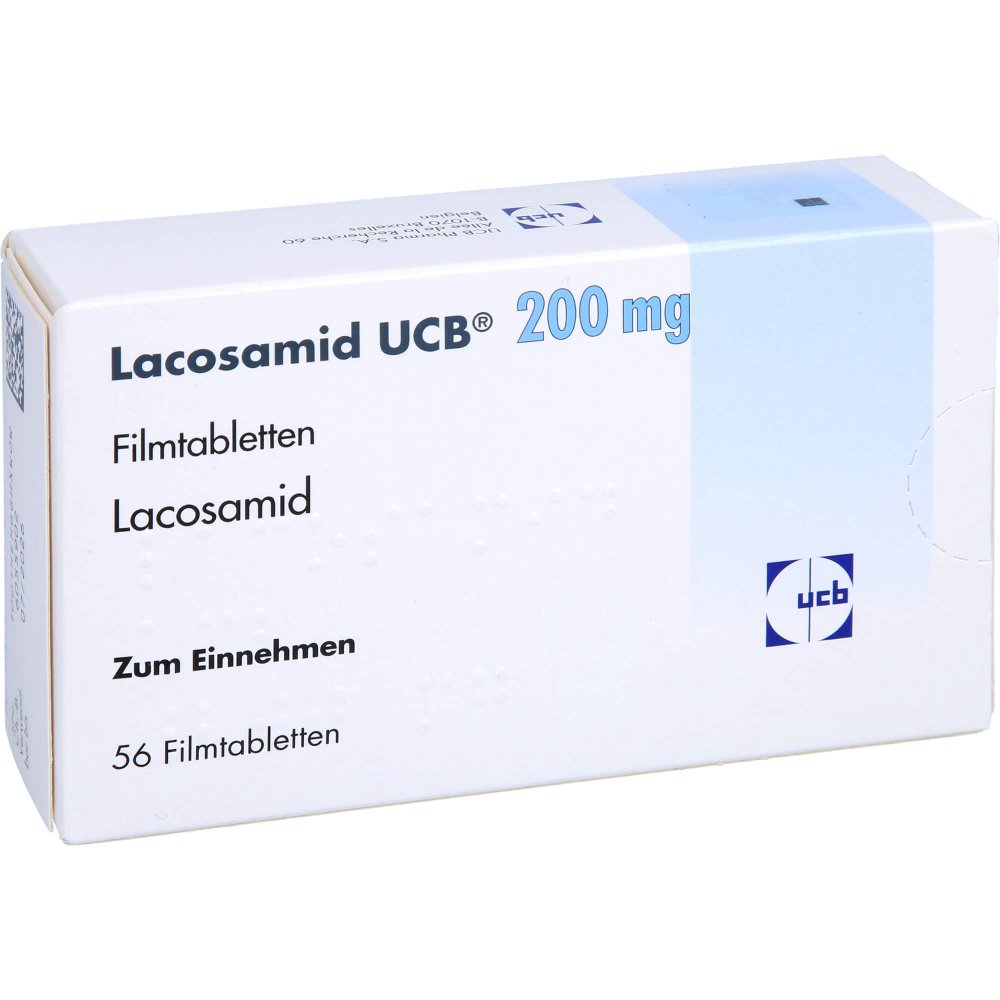 Das Produktfoto zeigt Lacosamid Ucb 200 Mg Filmtabletten (56 stk) PZN 16031787
