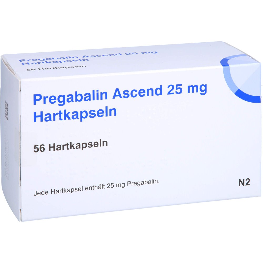 Das Produktfoto zeigt Pregabalin Ascend 25 Mg Hartkapseln (56 stk) PZN 16042532