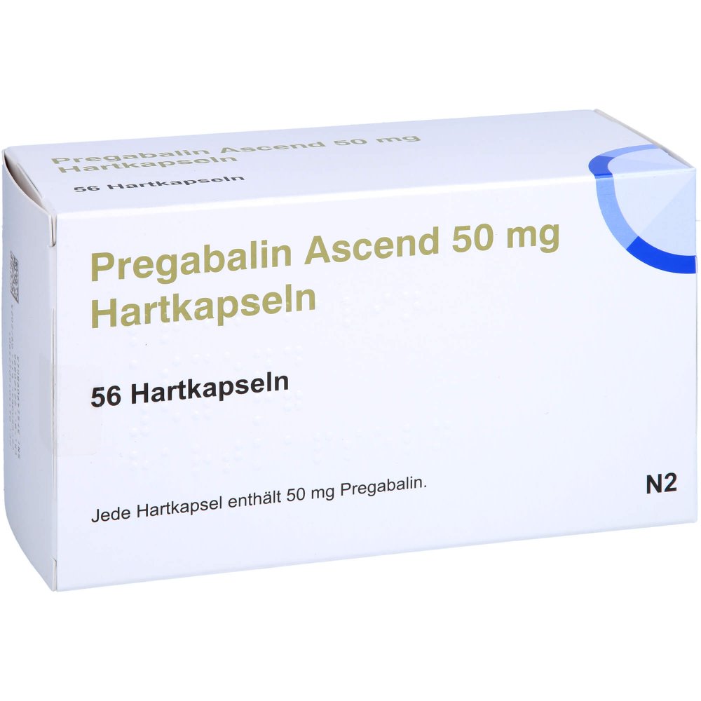 Das Produktfoto zeigt Pregabalin Ascend 50 Mg Hartkapseln (56 stk) PZN 16042590