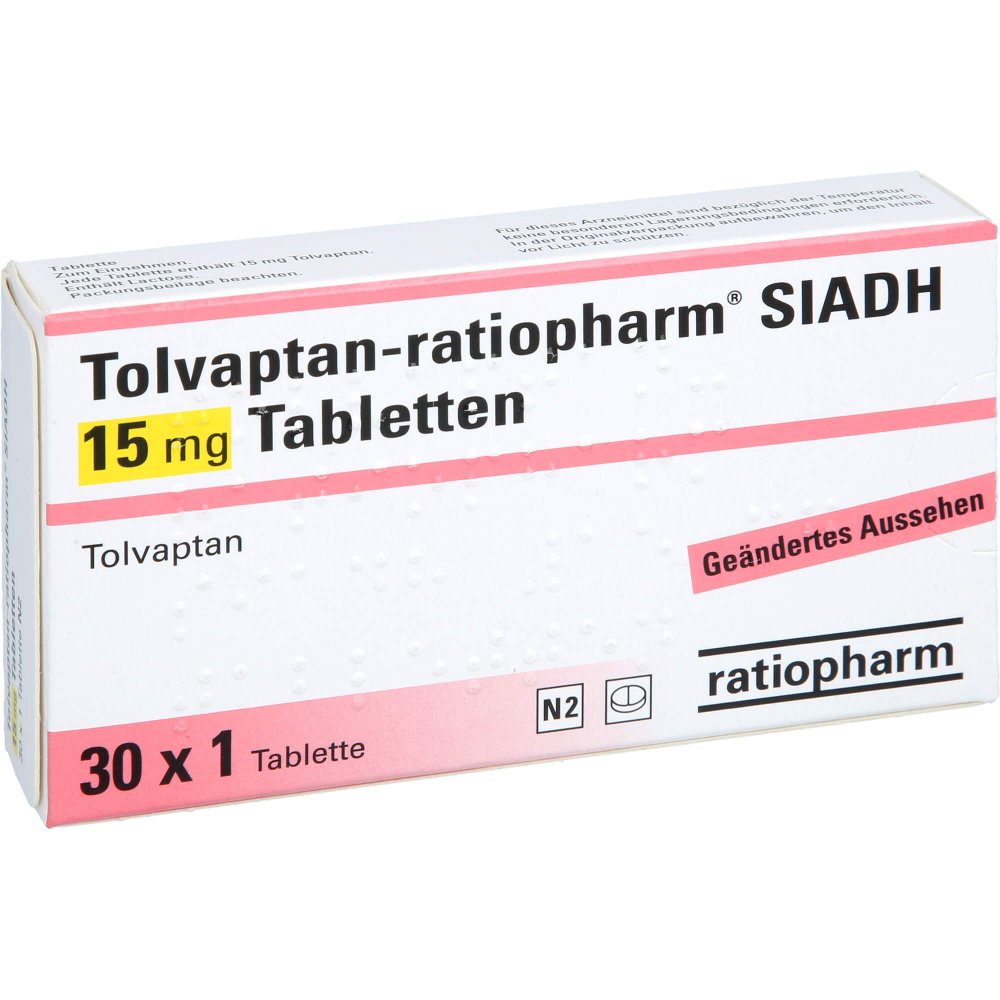 Das Produktfoto zeigt Tolvaptan-Ratiopharm Siadh 15 Mg Tabletten (30 stk) PZN 16085323