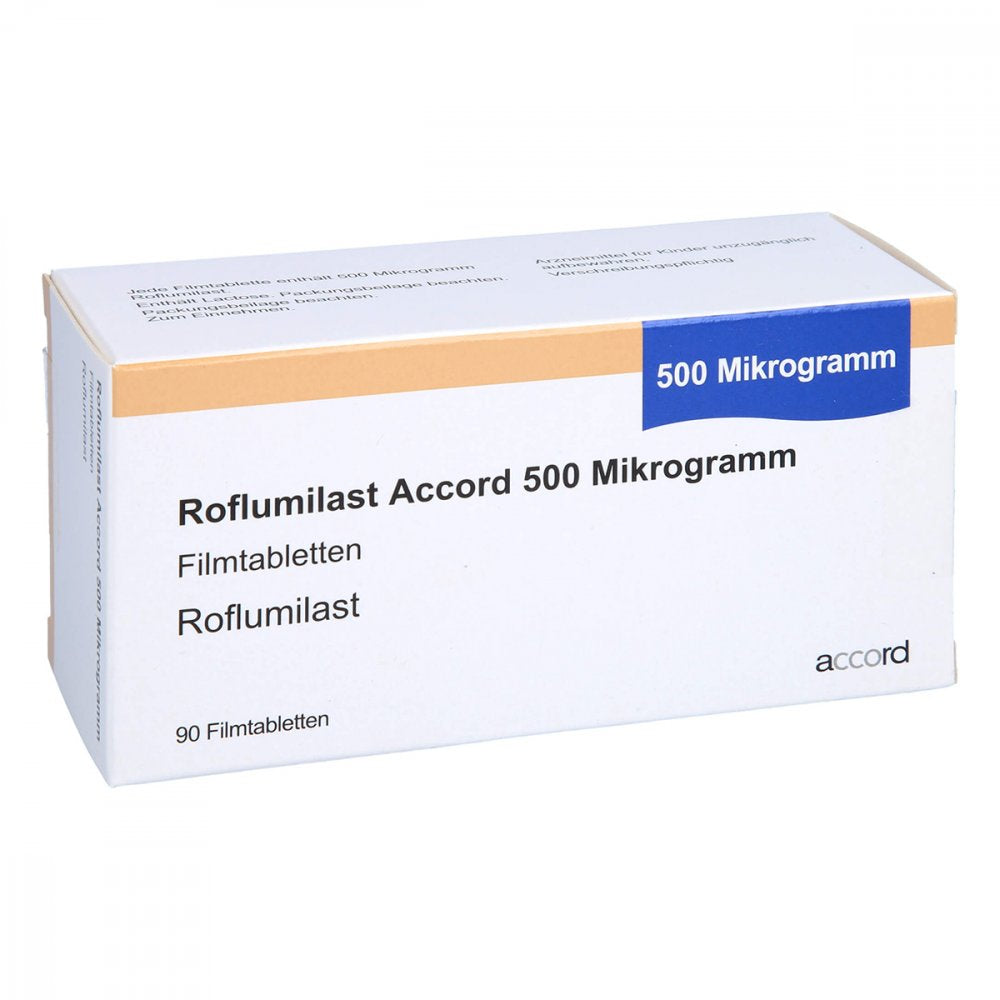 Das Produktfoto zeigt Roflumilast Accord 500 Mikrogramm Filmtabletten (90 stk) PZN 16120663