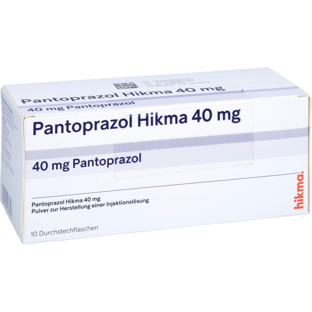 Das Produktfoto zeigt Pantoprazol Hikma 40 Mg Pulver Z.Herst.E.Inj.-Lsg. (10 stk) PZN 16130176