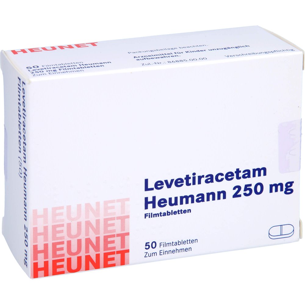 Das Produktfoto zeigt Levetiracetam Heumann 250 Mg Filmtabletten Net (50 stk) PZN 16139071