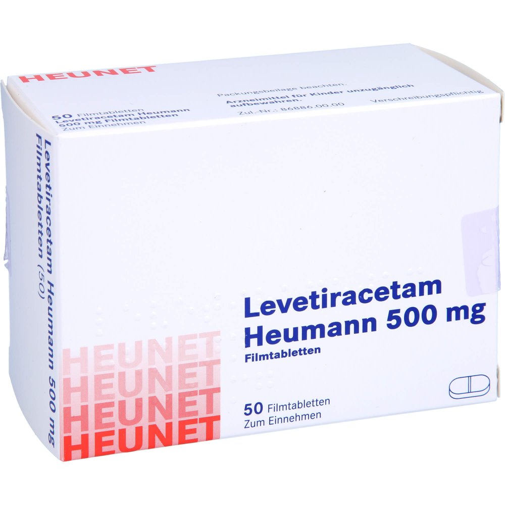 Das Produktfoto zeigt Levetiracetam Heumann 500 Mg Filmtabletten Net (50 stk) PZN 16139102