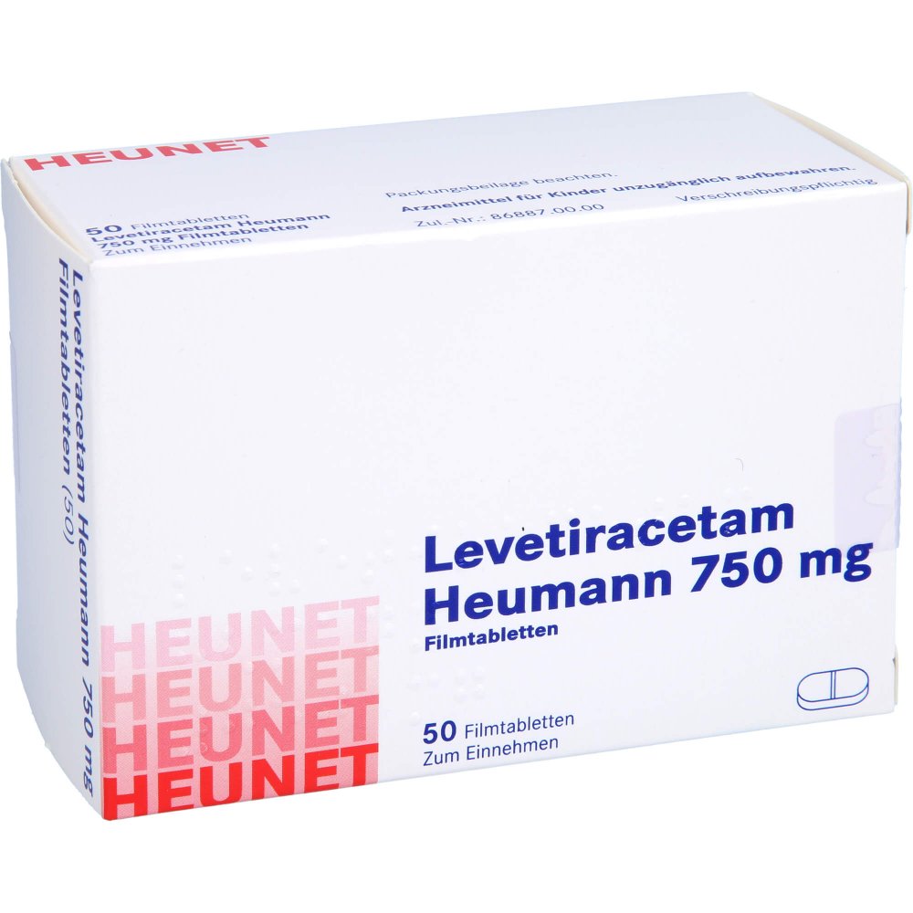 Das Produktfoto zeigt Levetiracetam Heumann 750 Mg Filmtabletten Net (50 stk) PZN 16139131