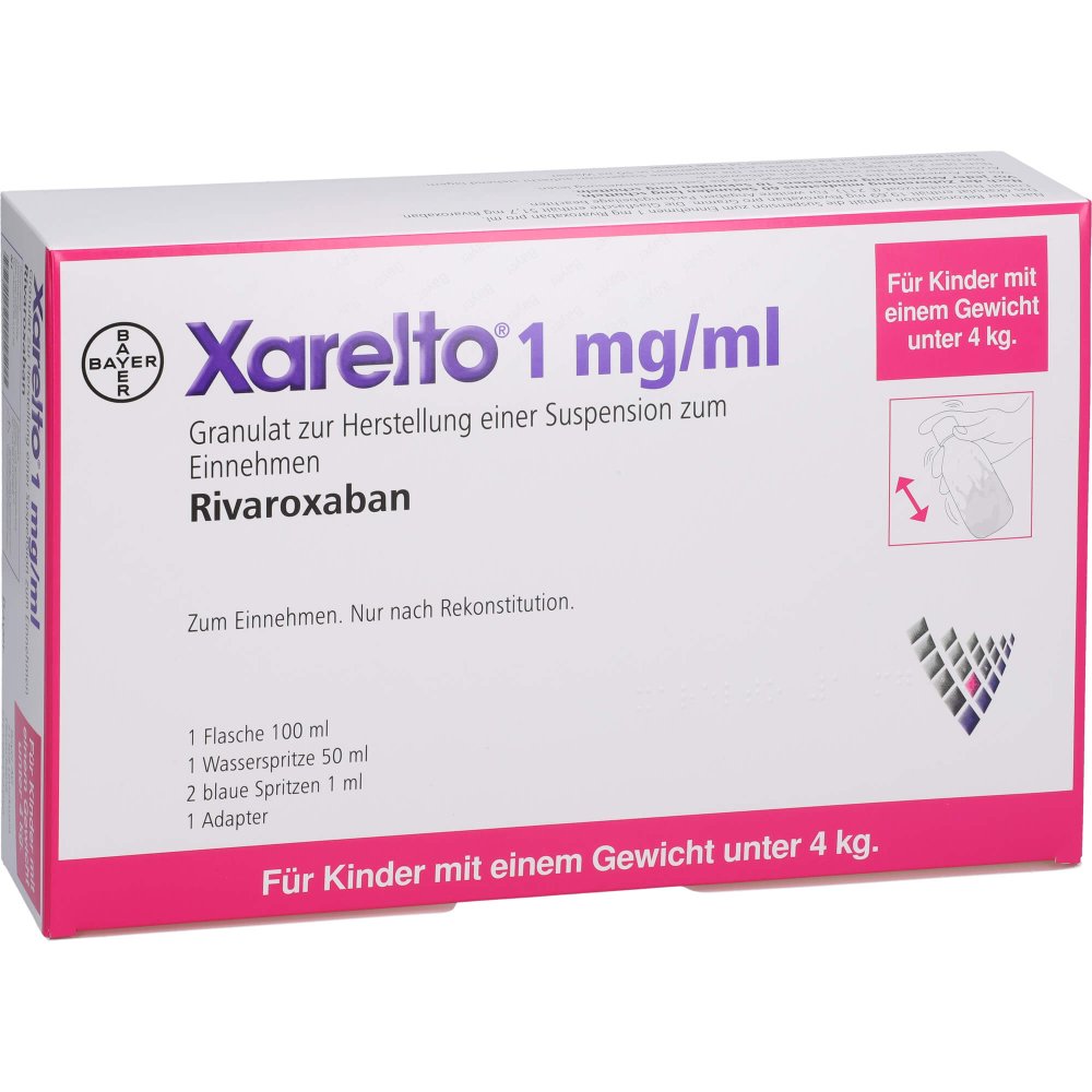 Das Produktfoto zeigt Xarelto 1 Mg/Ml Gran.Susp.-Herst.Unter 4kg (51.7 ml) PZN 16155472