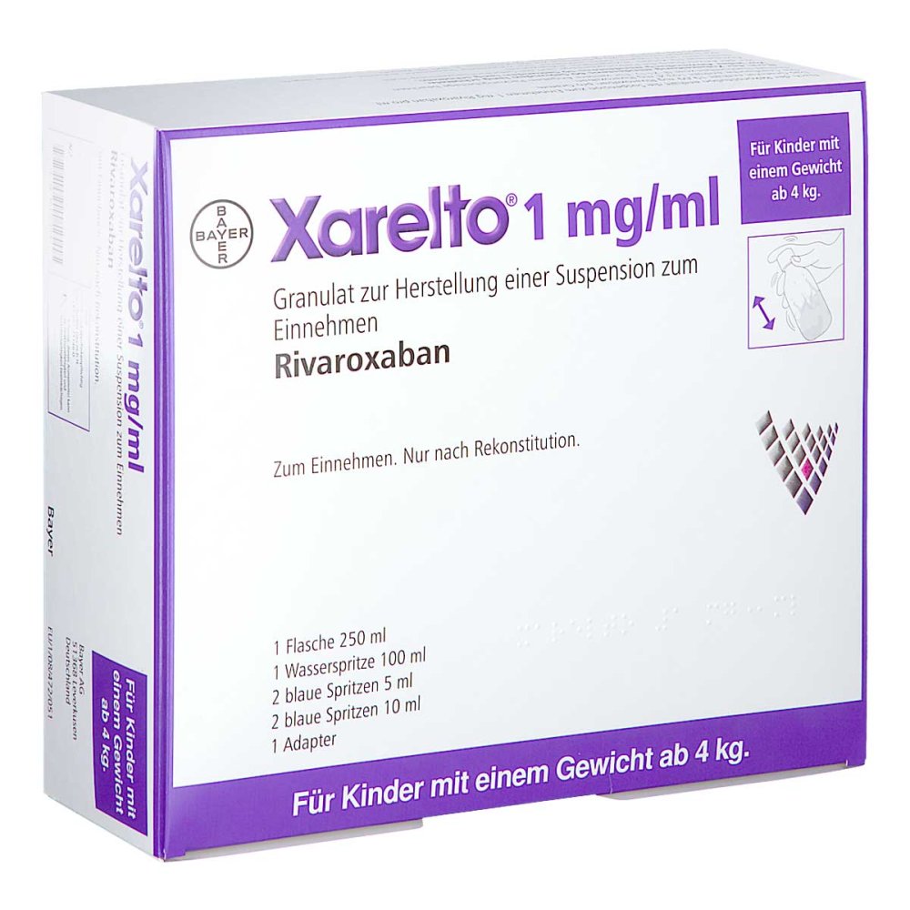 Das Produktfoto zeigt Xarelto 1 Mg/Ml Gran.Susp.-Herst.Ab 4kg (103.4 ml) PZN 16155489