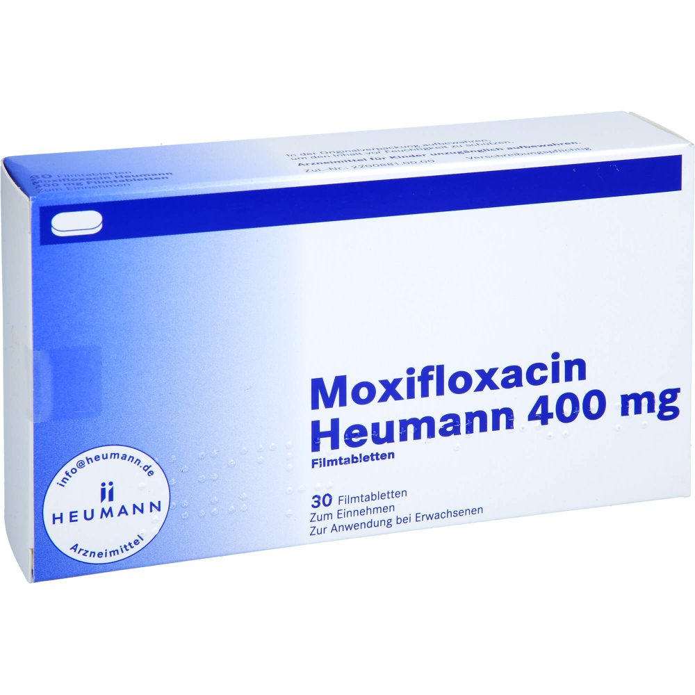 Das Produktfoto zeigt Moxifloxacin Heumann 400 Mg Filmtabletten (30 stk) PZN 16197849