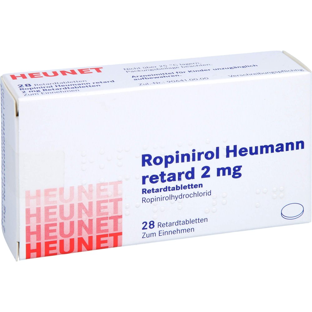 Das Produktfoto zeigt Ropinirol Heumann Retard 2 Mg Retardtabl.Heunet (28 stk) PZN 16198435
