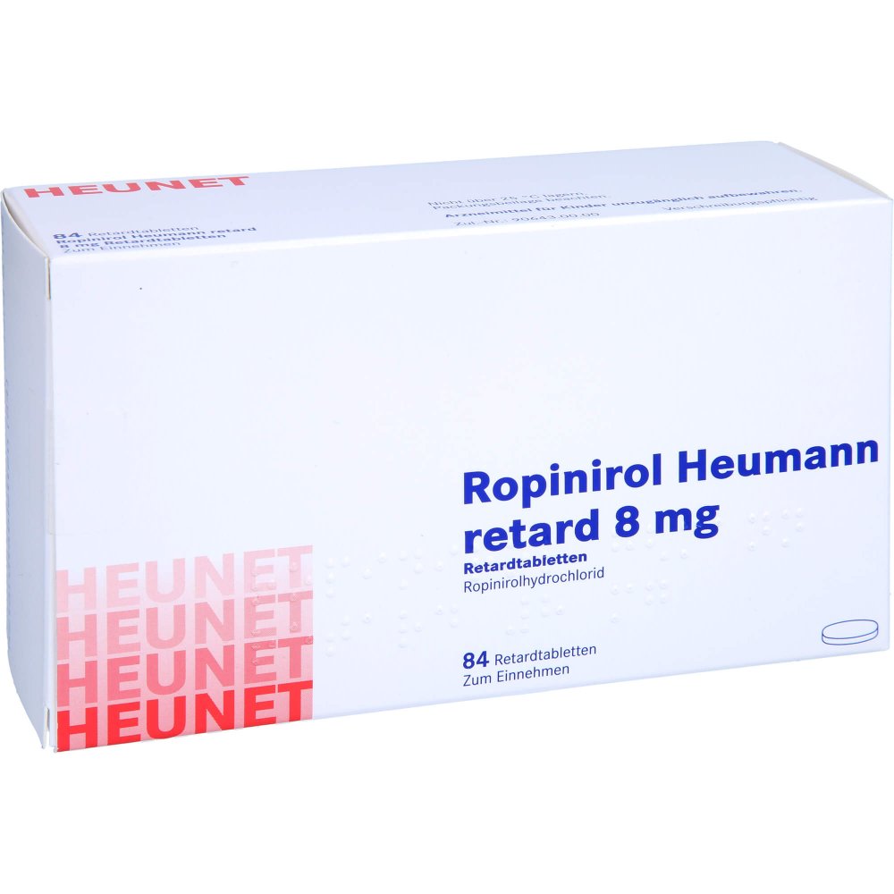 Das Produktfoto zeigt Ropinirol Heumann Retard 8 Mg Retardtabl.Heunet (84 stk) PZN 16198547