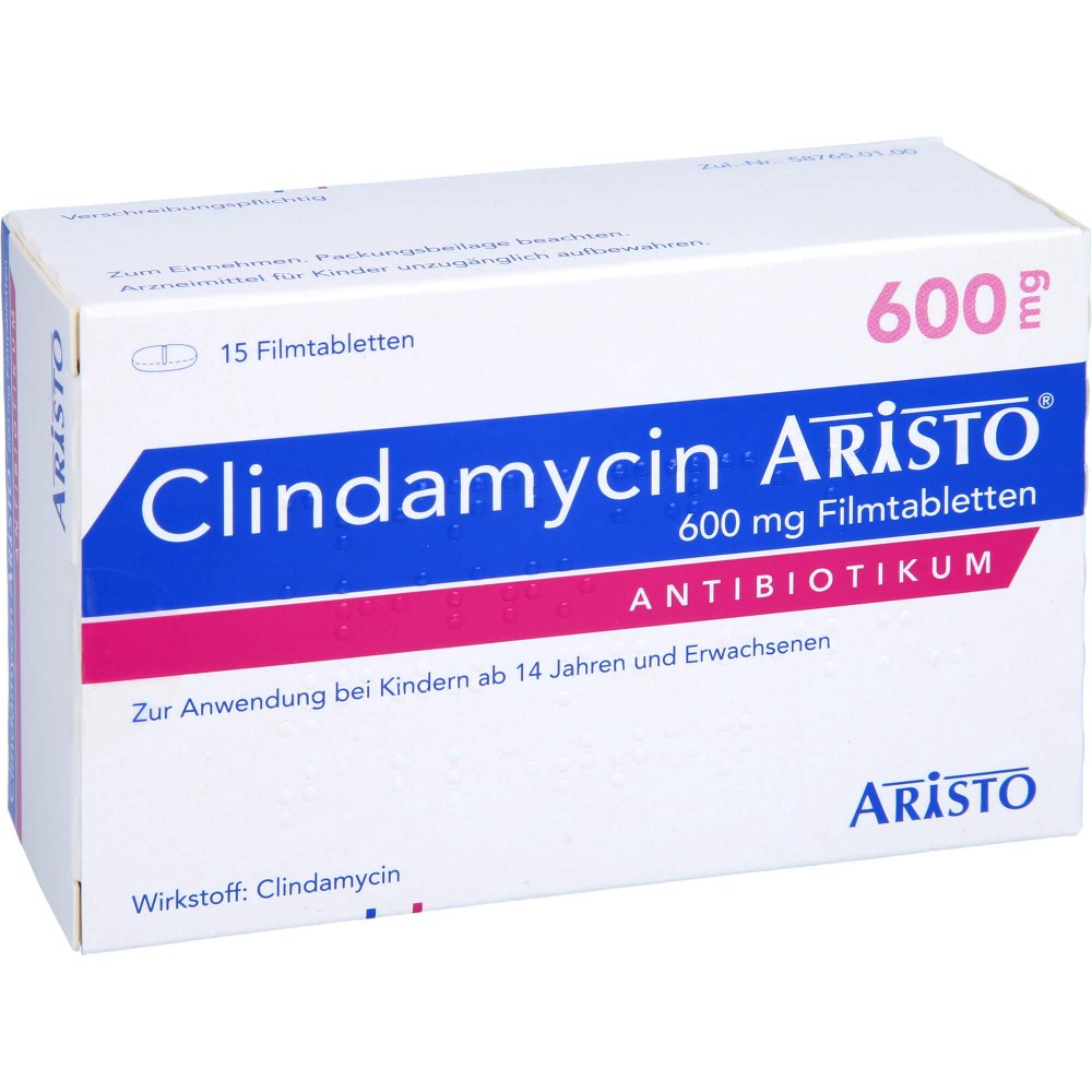 Das Produktfoto zeigt Clindamycin Aristo 600 Mg Filmtabletten (15 stk) PZN 16201628