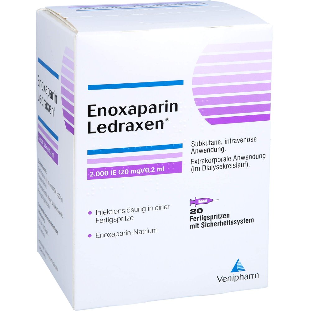 Das Produktfoto zeigt Enoxaparin Ledraxen 2.000 I.E. 20mg/0,2ml Ife (20 stk) PZN 16203076