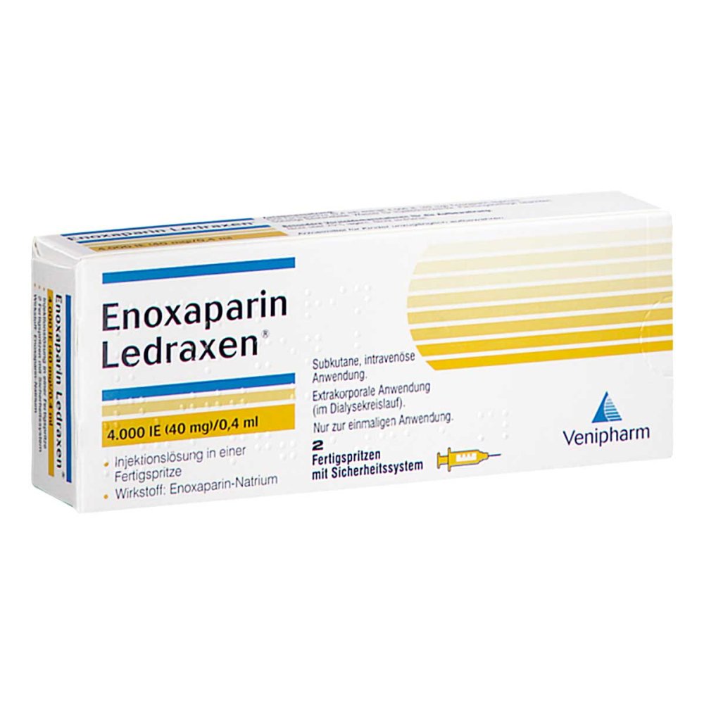 Das Produktfoto zeigt Enoxaparin Ledraxen 4.000 I.E. 40mg/0,4ml Ife (2 stk) PZN 16203107