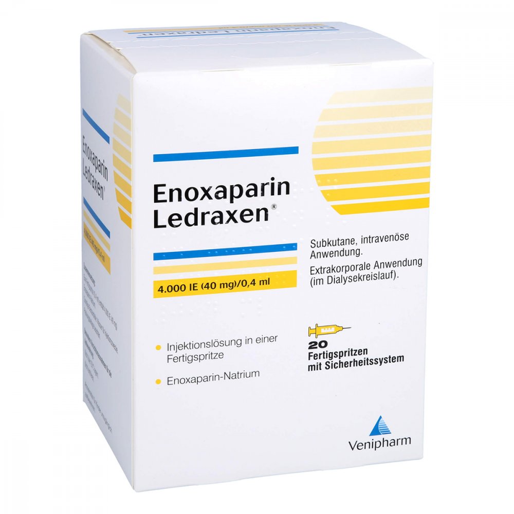 Das Produktfoto zeigt Enoxaparin Ledraxen 4.000 I.E. 40mg/0,4ml Ife (20 stk) PZN 16203142