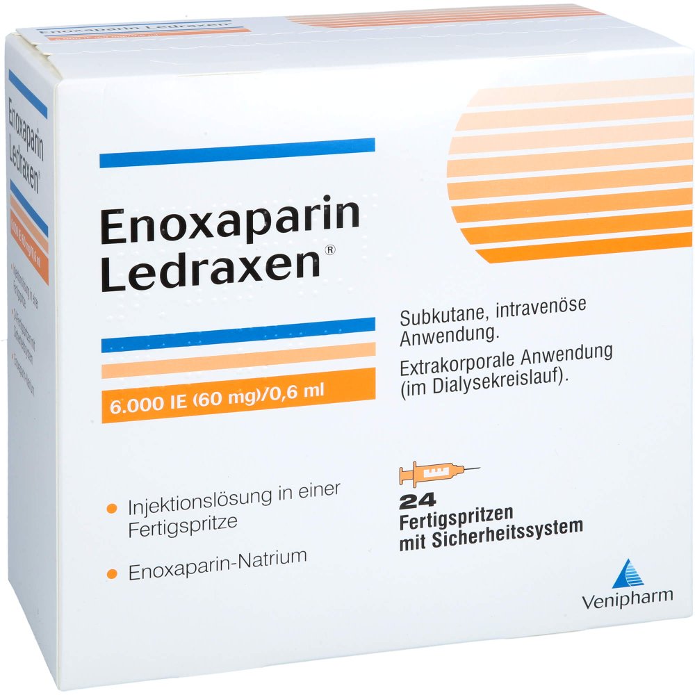 Das Produktfoto zeigt Enoxaparin Ledraxen 6.000 I.E. 60mg/0,6ml Ife (24 stk) PZN 16203188