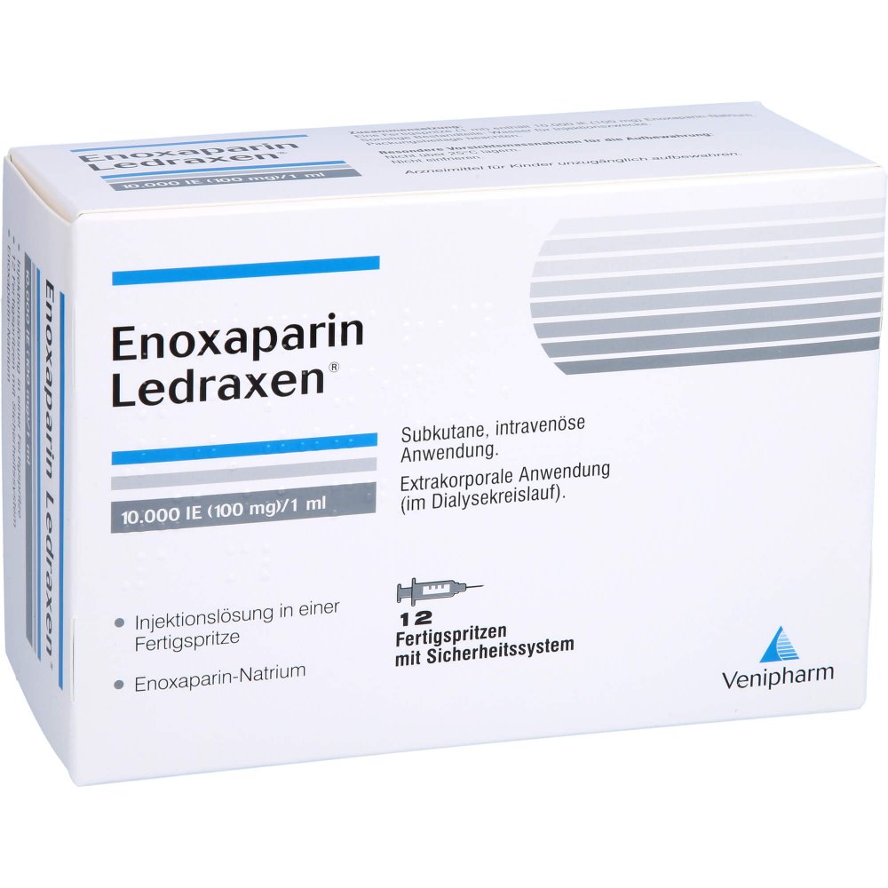 Das Produktfoto zeigt Enoxaparin Ledraxen 10.000 I.E. 100mg/1ml Ife (12 stk) PZN 16203231