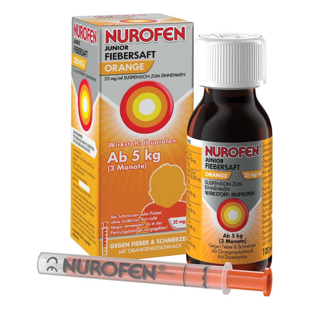 Das Produktfoto zeigt Nurofen Junior Fiebersaft Orange 20 Mg/Ml (100 ml) PZN 16205690