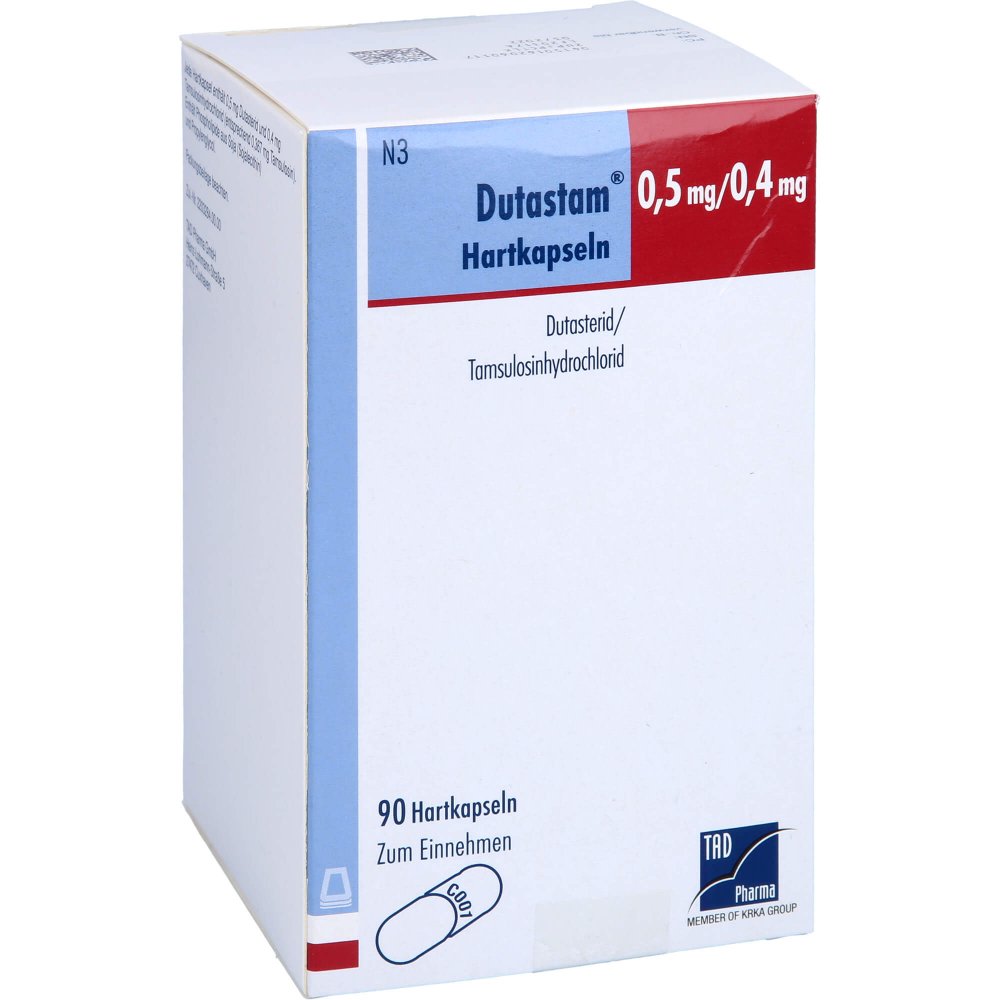 Das Produktfoto zeigt Dutastam 0,5 Mg/0,4 Mg Hartkapseln (90 stk) PZN 16206011