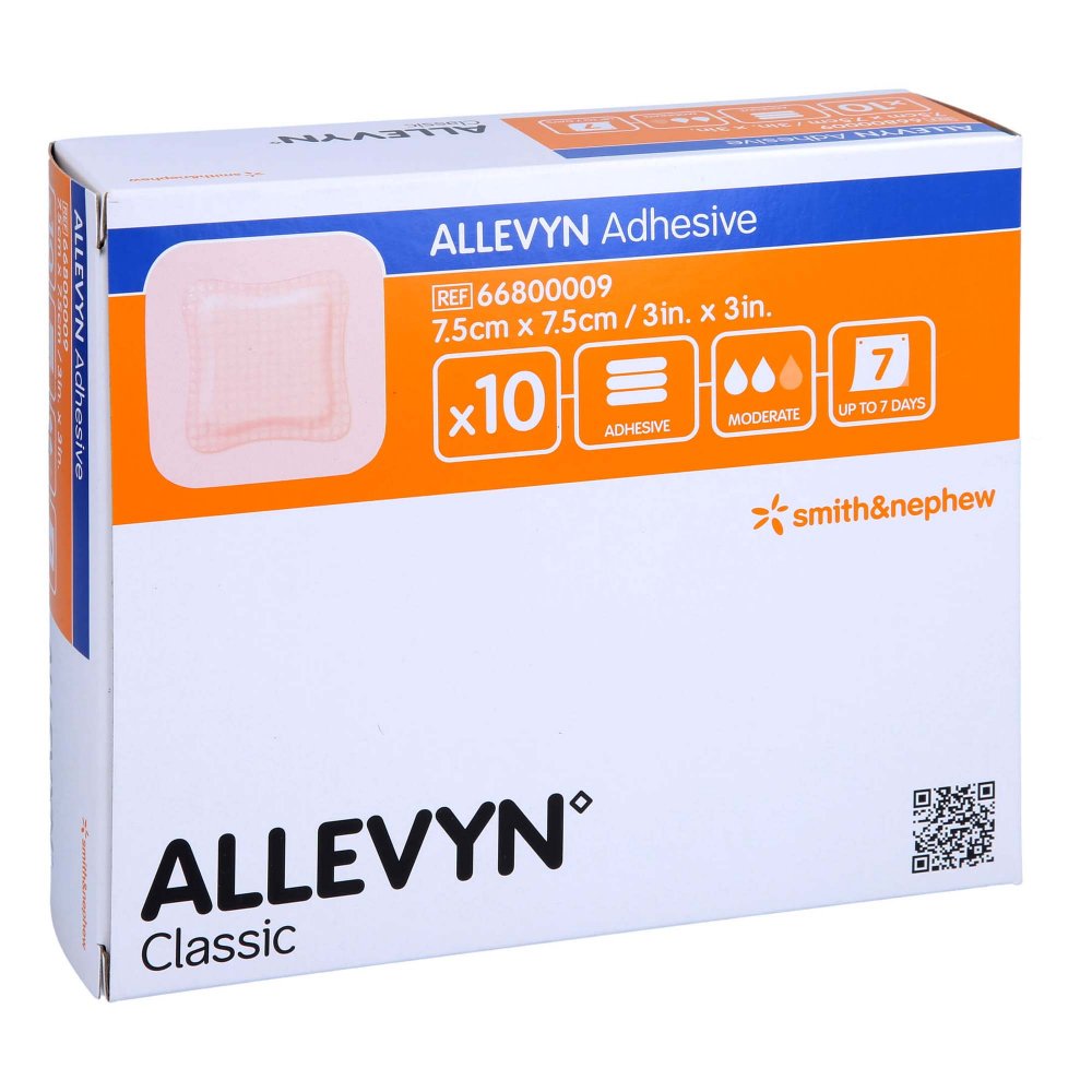 Das Produktfoto zeigt Allevyn Adhesive 7,5x7,5 Cm Haftende Wundauflage (10 stk) PZN 16222122