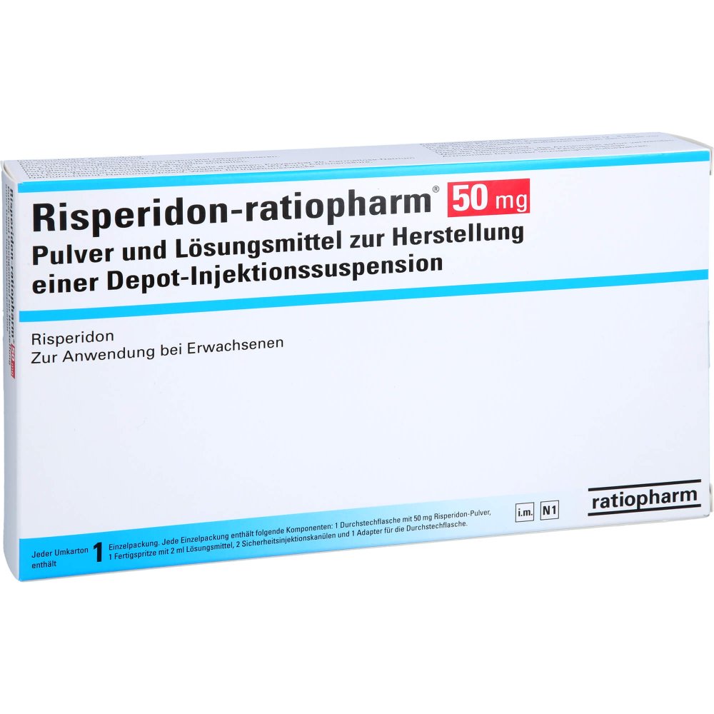 Das Produktfoto zeigt Risperidon-Ratiopharm 50mg P.U.Lm H.Dep.-Inj.-S. (1 stk) PZN 16233025