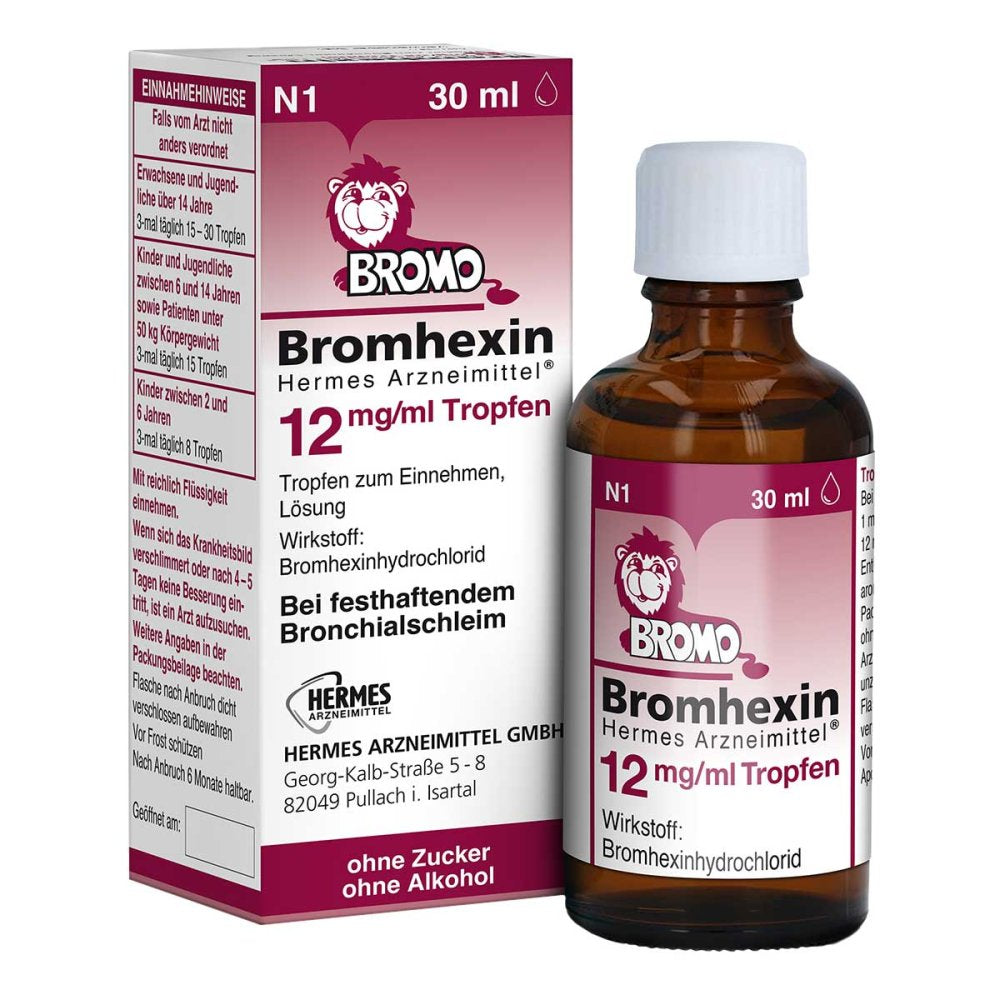 Das Produktfoto zeigt Bromhexin Hermes Arzneimittel 12 Mg/Ml Tropfen (30 ml) PZN 16260571