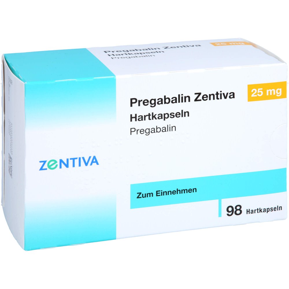 Das Produktfoto zeigt Pregabalin Zentiva 25 Mg Hartkapseln (98 stk) PZN 16321143