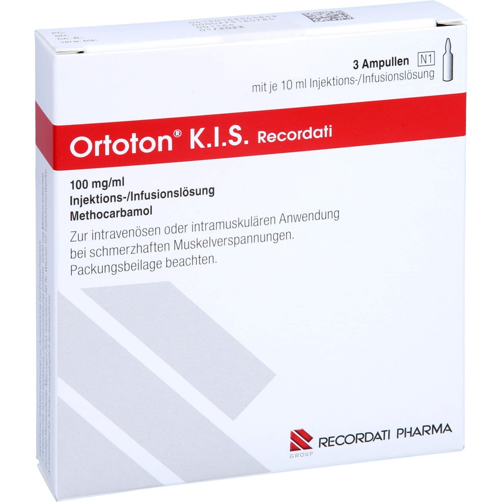 Das Produktfoto zeigt Ortoton K.I.S. Recordati 100 Mg/Ml Inj.-/Inf.-Lsg. (3 stk) PZN 16354585