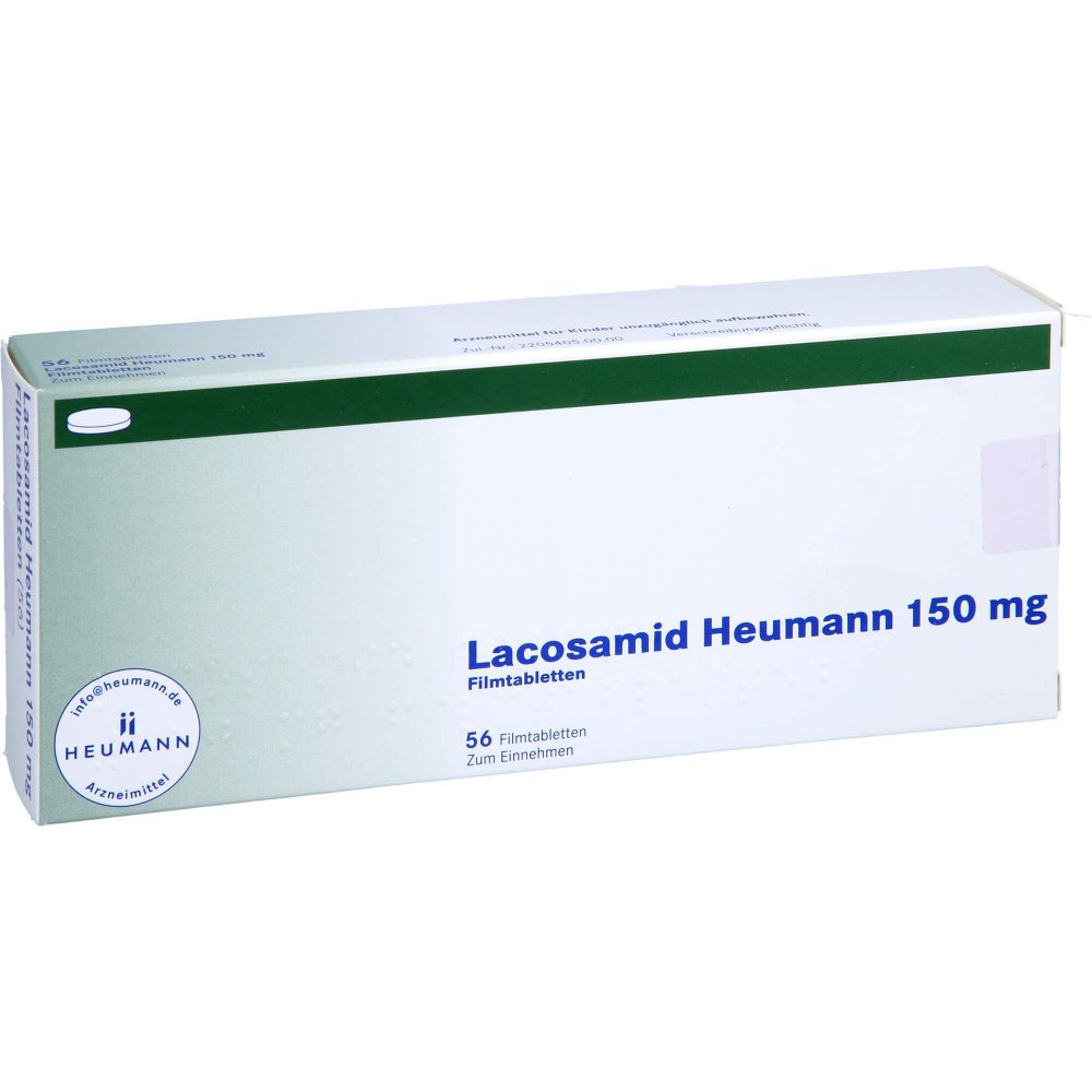 Das Produktfoto zeigt Lacosamid Heumann 150 Mg Filmtabletten (56 stk) PZN 16357922