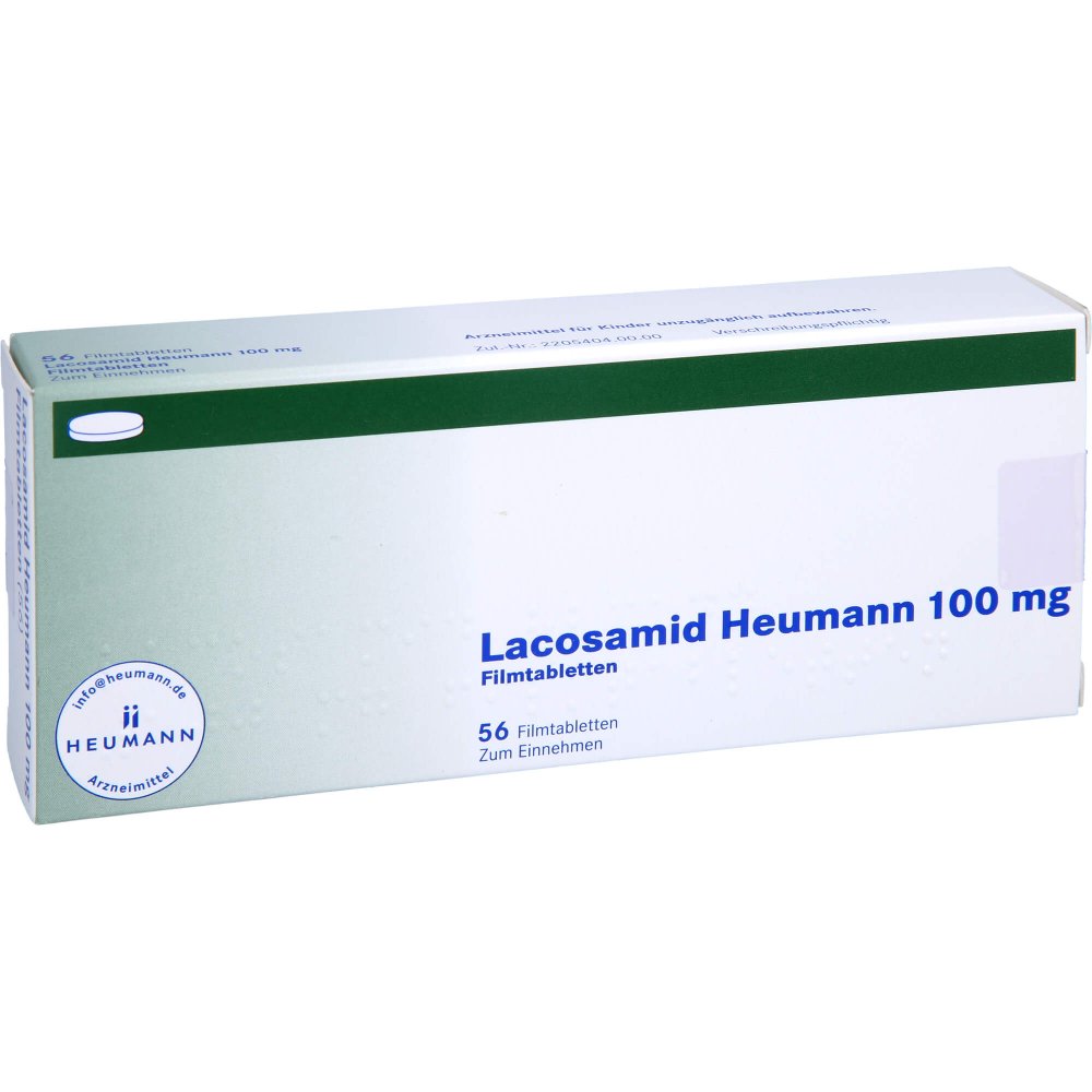Das Produktfoto zeigt Lacosamid Heumann 100 Mg Filmtabletten (56 stk) PZN 16358229