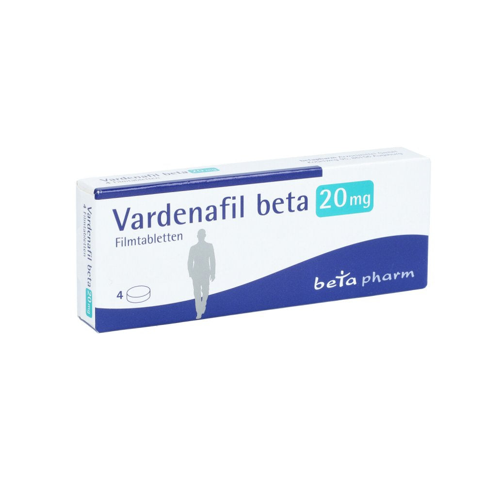 Das Produktfoto zeigt Vardenafil Beta 20 Mg Filmtabletten (4 stk) PZN 16358554