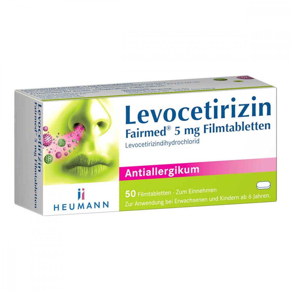 Das Produktfoto zeigt Levocetirizin Fairmed 5 Mg Filmtabletten (50 stk) PZN 16392232