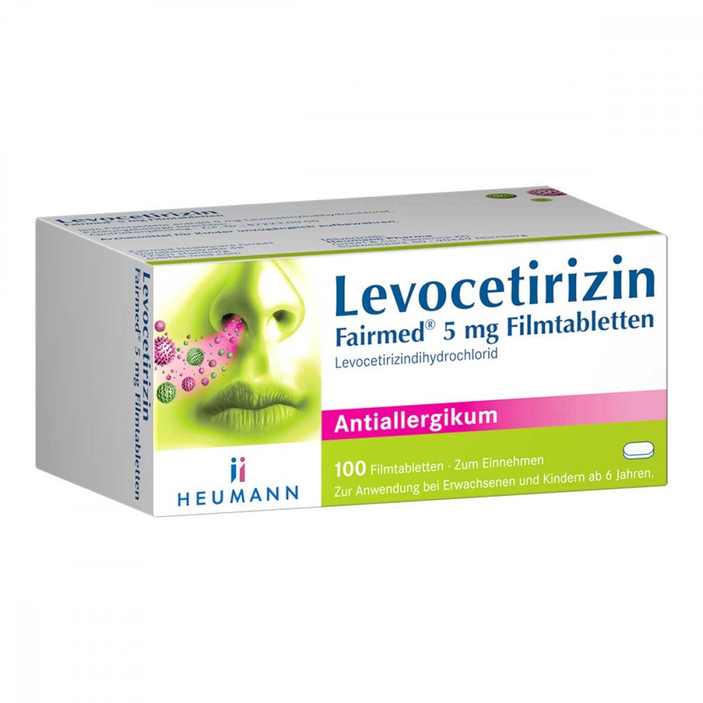 Das Produktfoto zeigt Levocetirizin Fairmed 5 Mg Filmtabletten (100 stk) PZN 16392249
